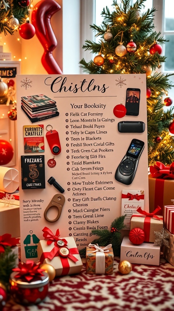 A colorful Christmas wishlist with various gift ideas on a festive table decorated with holiday ornaments.